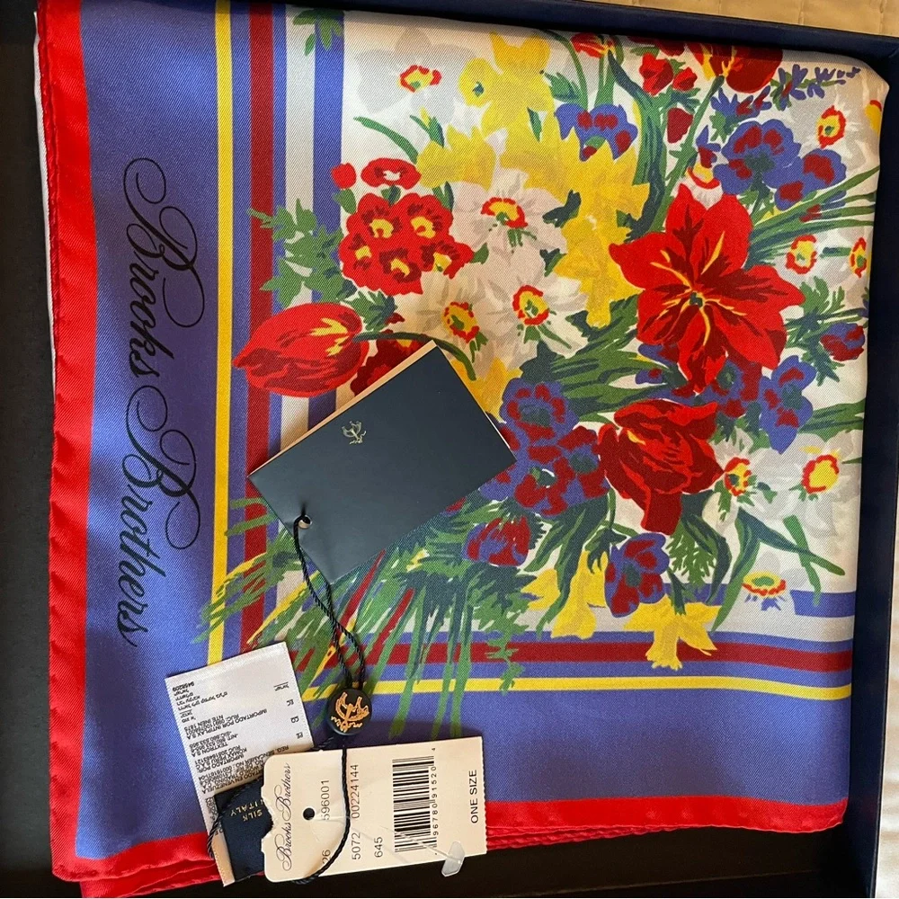 Brooks Brothers Floral Silk Scarf - Blue & Red